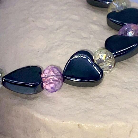 ✨🆕✨ Natural Stones Black Hematite Heart Purple + Iridescent Spacers Bracelet✨ - Picture 9 of 15
